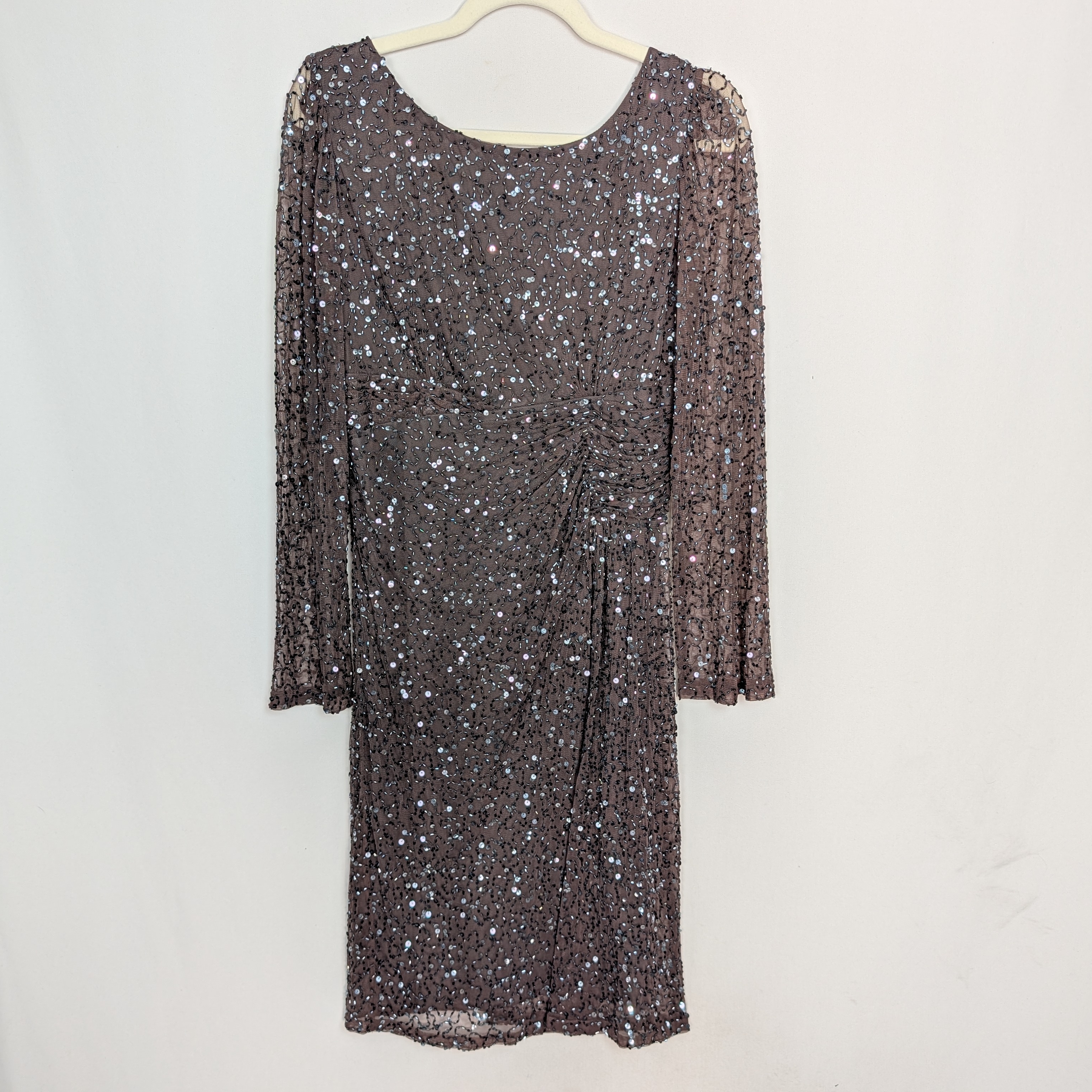 Patra Sequin Beaded Sheer Sleeve Evening Dress